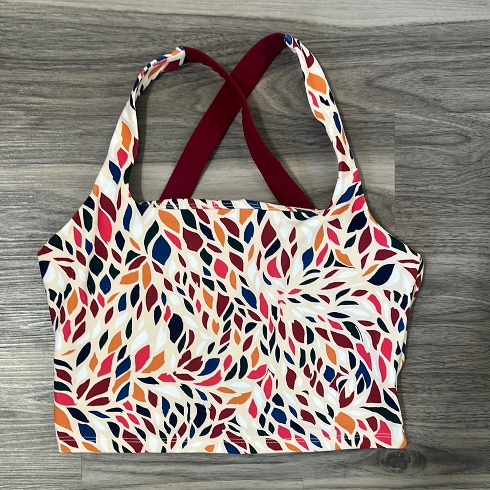 Born Primitive Multicolor Leaf Print Sports Bra with Burgundy Straps